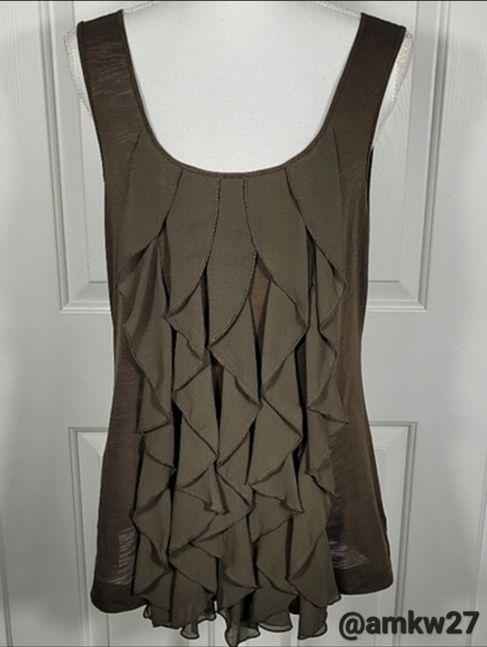 Anthropologie Deletta Olive Green Brown Sleeveless Top w/ Chiffon Ruffles Large